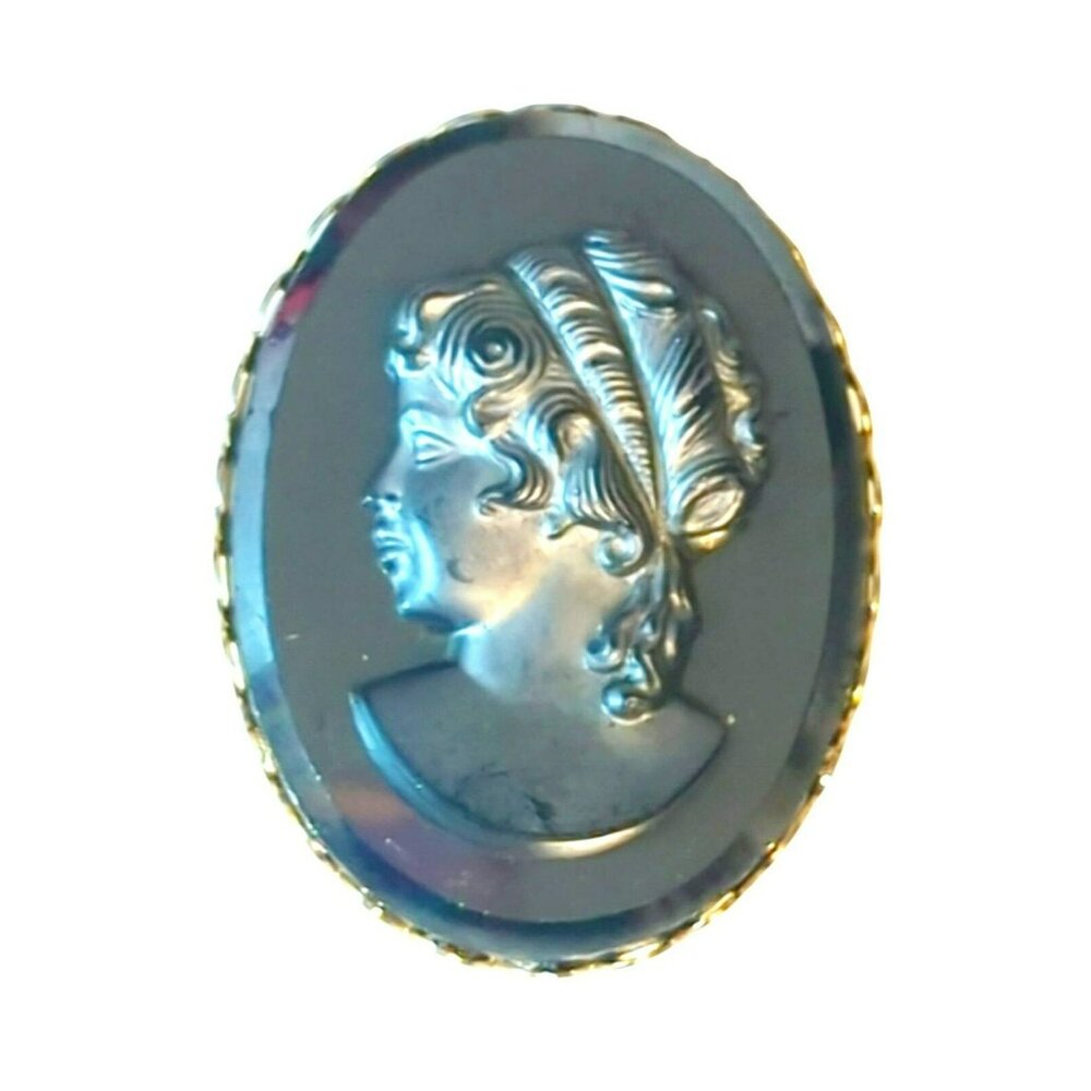 Vintage Black Glass Cameo Gold Tone Scarf Ring Clip